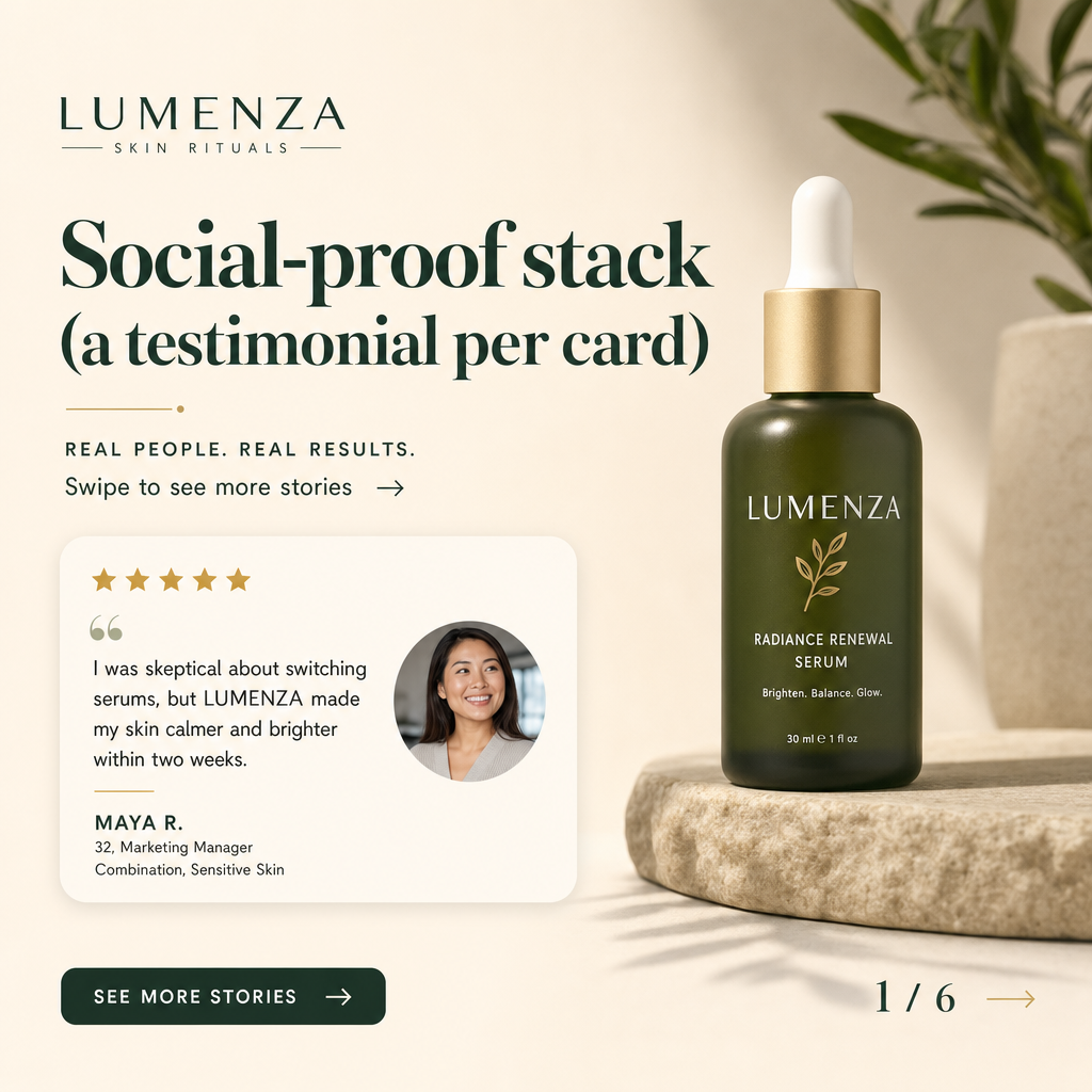 carousel ad example: Social-proof stack (a testimonial per card)