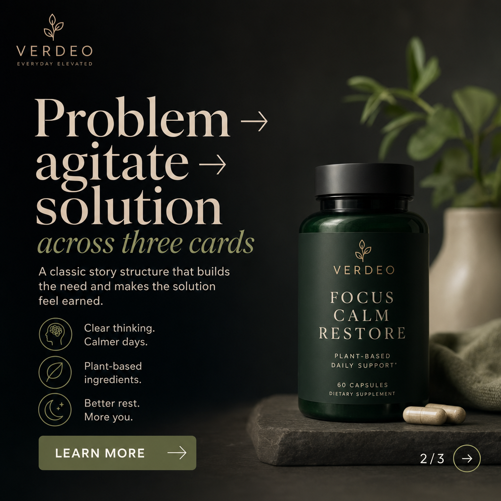 Educational ad example: Problem → agitate → solution across three cards