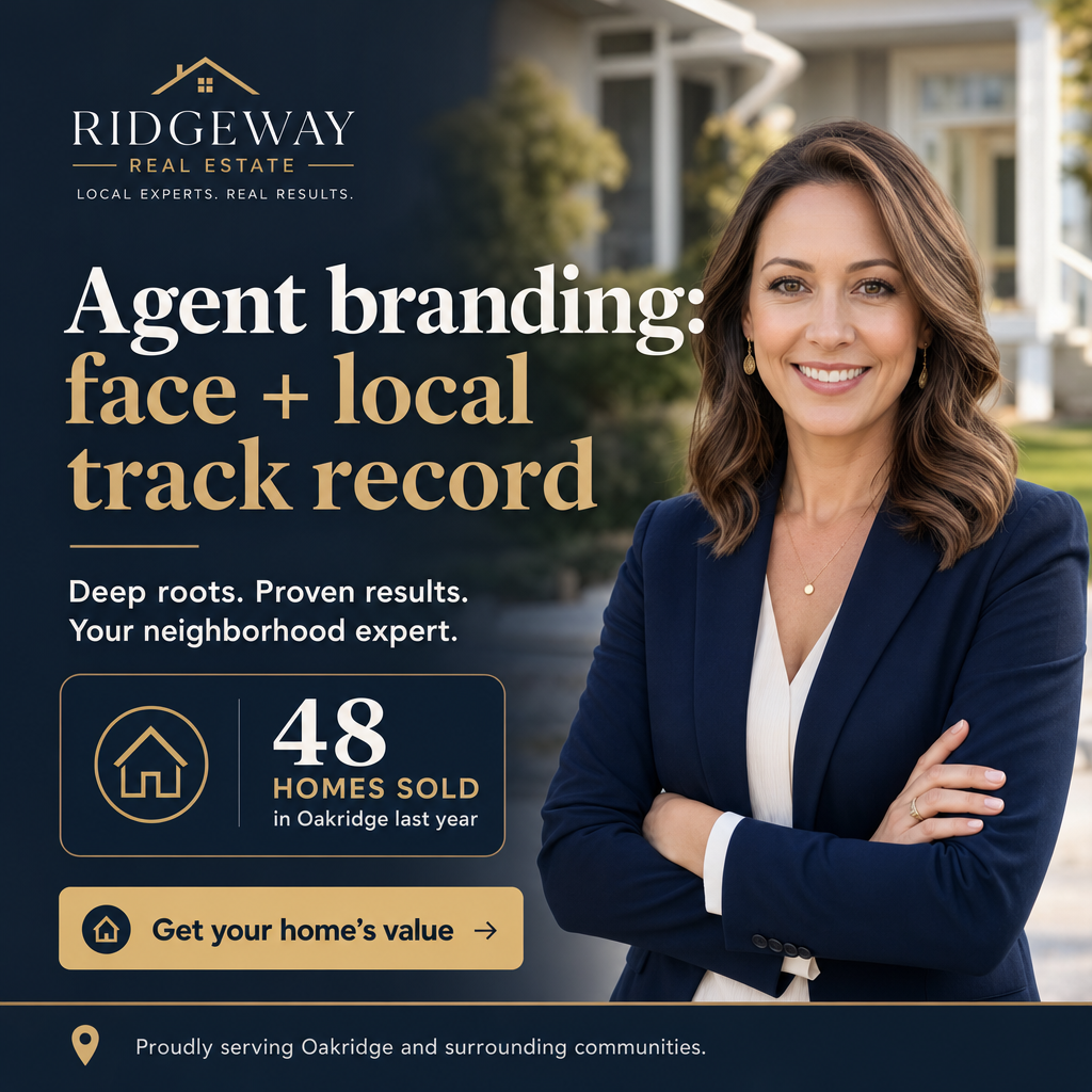 real estate ad example: Agent branding: face + local track record